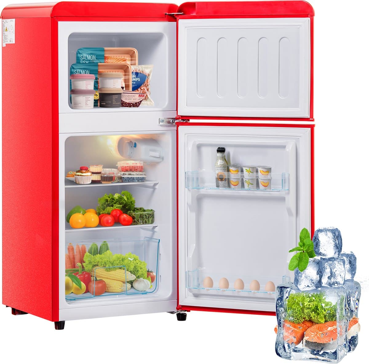 Sweiko Mini koelkast, Koel-vriescombinatie, Retro koelkast, 86.8*45.5 cm, dubbele deur, Totaal volume van 60L, Vrieskamer capaciteit van 22L, 163 kWh/jaar, -27° C~13° C, LED licht, Rood, Energieniveau F — afbeelding 1
