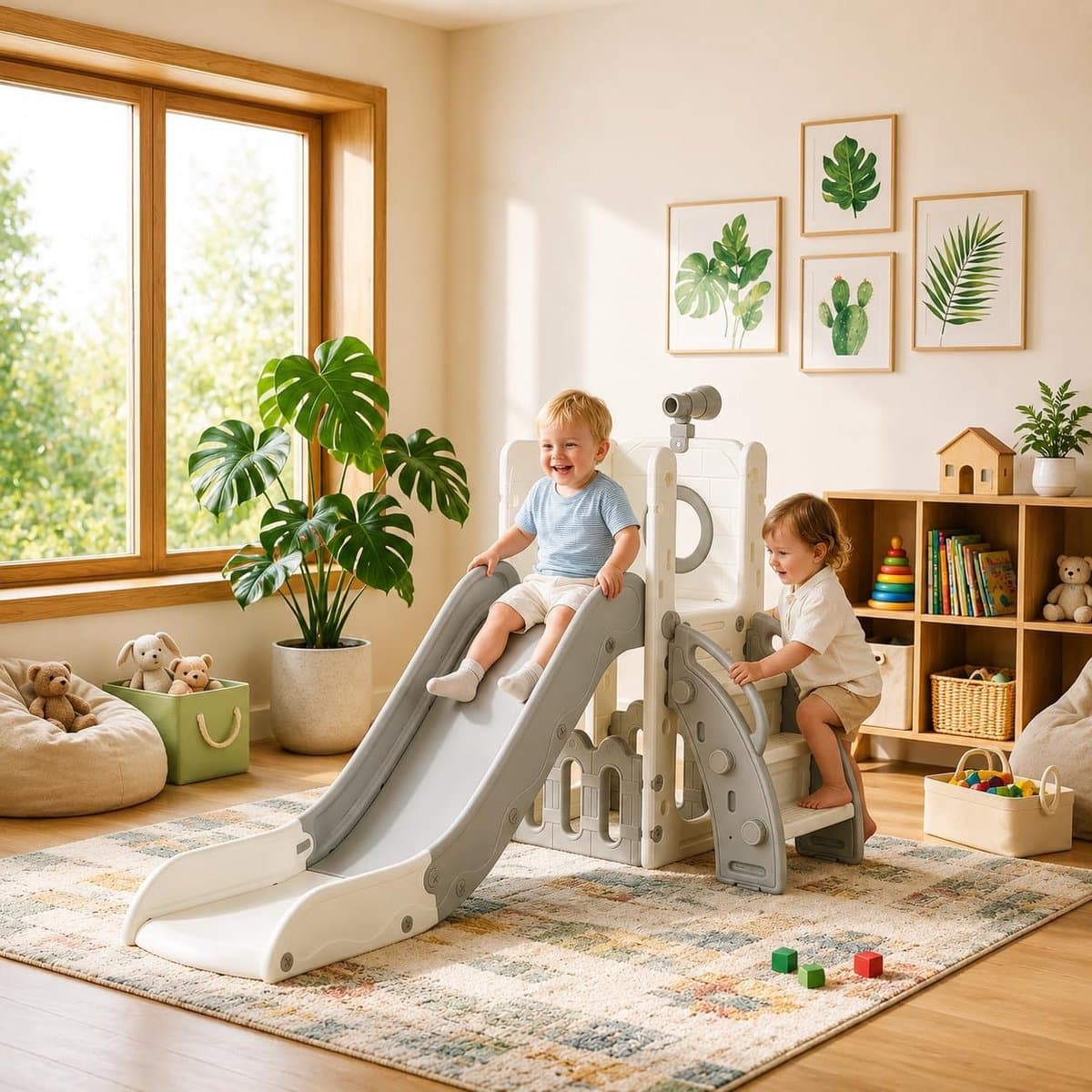 Glijbaan Voor 1-3 Jaar, Binnen- & Buitenglijbaan Jaar, Vrijstaande Glijbaan met Opbergruimte & Speeltelescopen, Tuinglijbaan, Kinderspeelplaats, Grijs-Wit, Module 1PCS — afbeelding 1