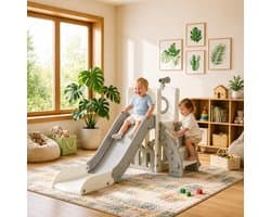 Glijbaan Voor 1-3 Jaar, Binnen- & Buitenglijbaan Jaar, Vrijstaande Glijbaan met Opbergruimte & Speeltelescopen, Tuinglijbaan, Kinderspeelplaats, Grijs-Wit, Module 1PCS