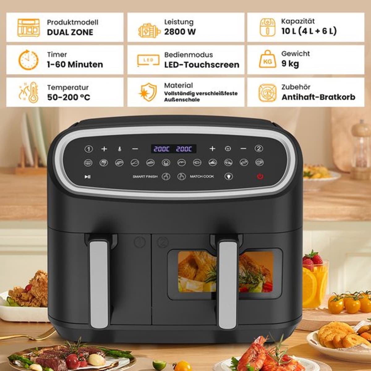 Heteluchtfriteuse - Dual-Zone Met Kijkvenster - 2000 W - 10L Capaciteit - LED-Touchscreen - Zwart — afbeelding 1