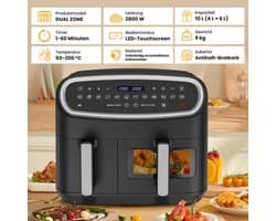 Heteluchtfriteuse - Dual-Zone Met Kijkvenster - 2000 W - 10L Capaciteit - LED-Touchscreen - Zwart