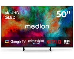 MEDION 125.7 cm 50" QLED TV Smart TV 4K Dolby Vision HDR Prime Video Disney+ Compatibel met Google TV PVR Bluetooth, MD850701 | Dolby Vision HDR, Prime Video, Disney+, kompatibel mit Google TV, PVR, B