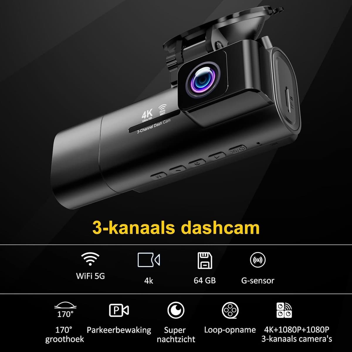 Dashcam voor auto - Zwart - 3.16 inch scherm - 3-Lenzen 4K+1080P met Nachtzicht en G-Sensor - Voor Personenauto's — afbeelding 1