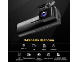 Dashcam voor auto - Zwart - 3.16 inch scherm - 3-Lenzen 4K+1080P met Nachtzicht en G-Sensor - Voor Personenauto's