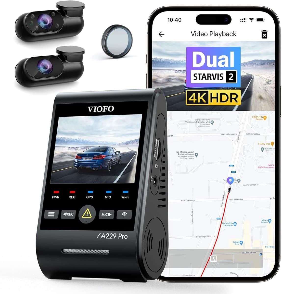 Dashcam voor auto - Zwart - 3 camera's 4K + 2K + 1080p - Dual Starvis 2 Sensoren met HDR en Nachtzicht - Met GPS en Spraakbesturing — afbeelding 1