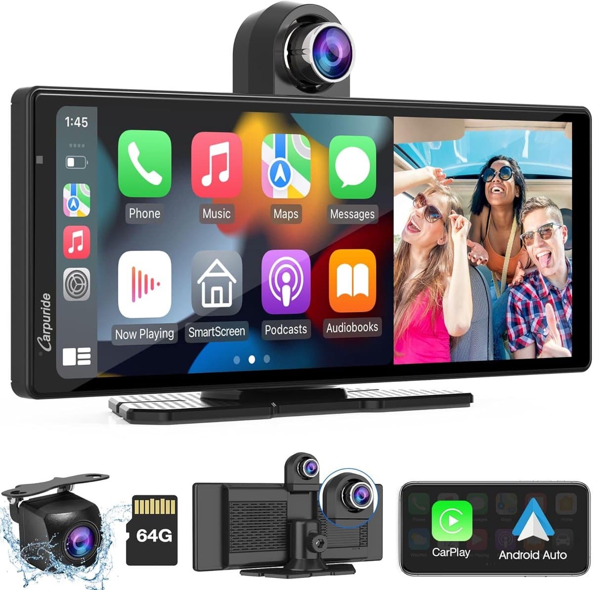 SnelShoppen - Draagbare Draadloze Carplay & Android Auto met Dashcam - 9.3" HD IPS Scherm, 4K Voor- en Achtercamera, Bluetooth Audio, GPS, Dashboard M — afbeelding 1