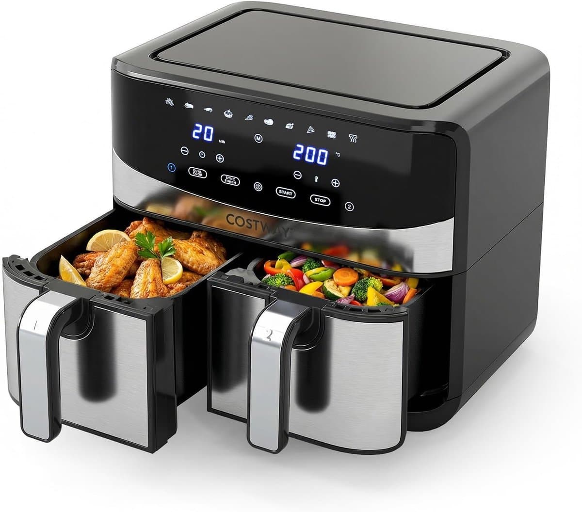 COSTWAY Heteluchtfriteuse, 2 kamers, Airfryer 8,5 l met kijkvenster, Sync Cook & Match Finish, digitaal touchscreen en 360° hete lucht, 2100 W, vaatwasmachinebestendig — afbeelding 1