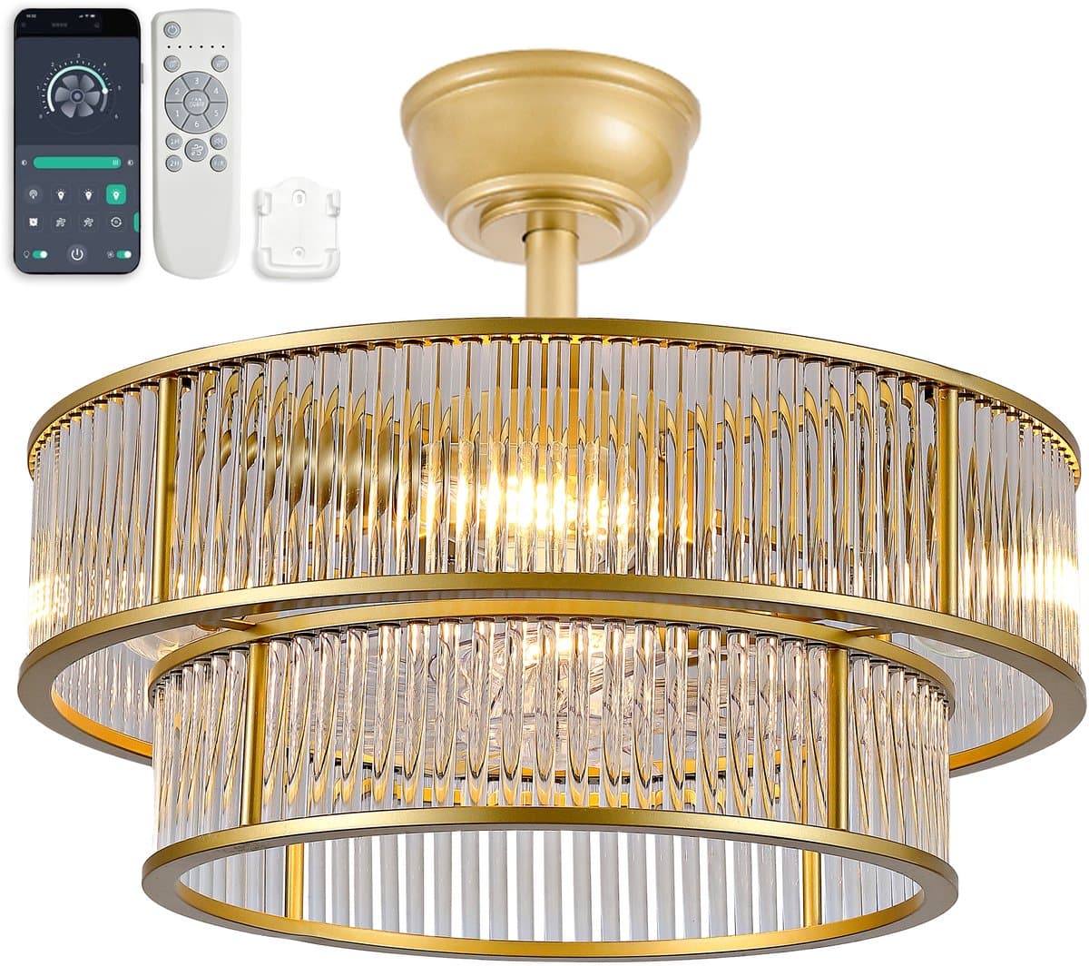 19 inch kristallen plafondventilator met dubbele verticale balk (goud) - App-bediening - 6 snelheidsstanden - Geluidsarm - ABS-bladen - Ideaal voor slaapkamer en kinderkamer — afbeelding 1