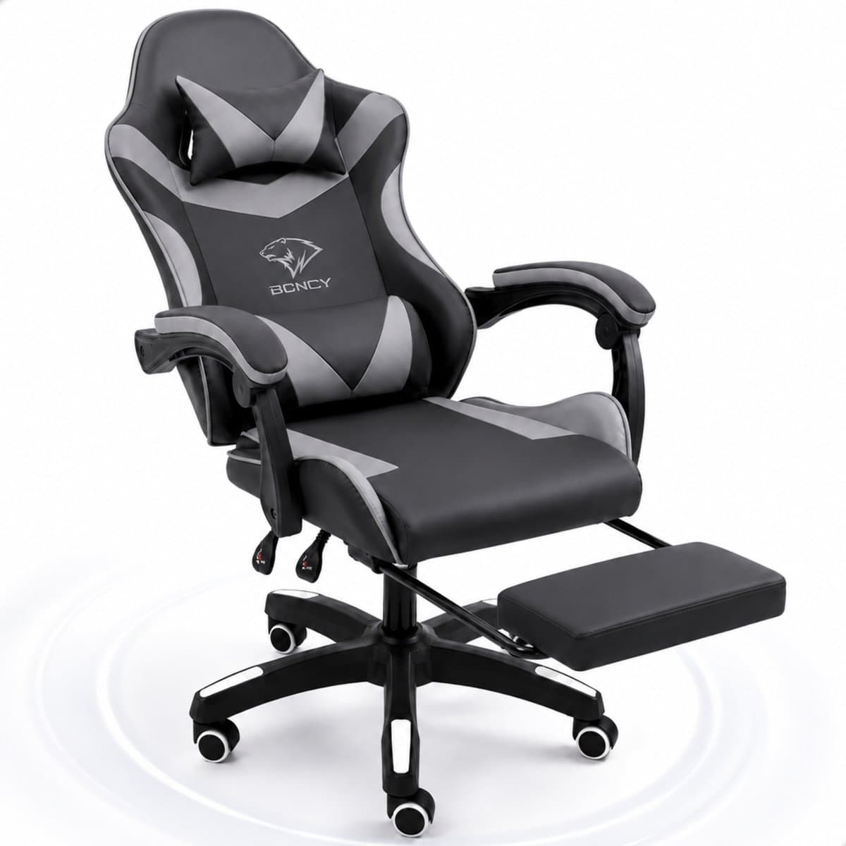 Boncy® Gaming Stoel - Comfortabele Gamestoel met Voetsteun - Game Chair Verstelbaar in Hoogte - 170° Verstelbare Rugleuning - Grijs / Zwart — afbeelding 1