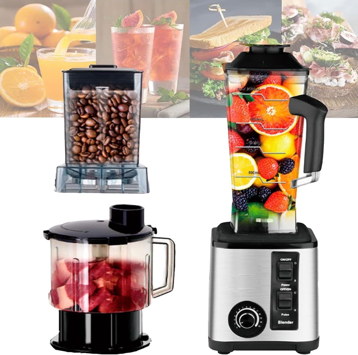 Keukenmachine Combo - 3-in-1 Apparaat - Ingrediënten Verwerken - Vleesmolen Sapcentrifuge - 2000ml 1000ml 800ml - Zilver — afbeelding 1