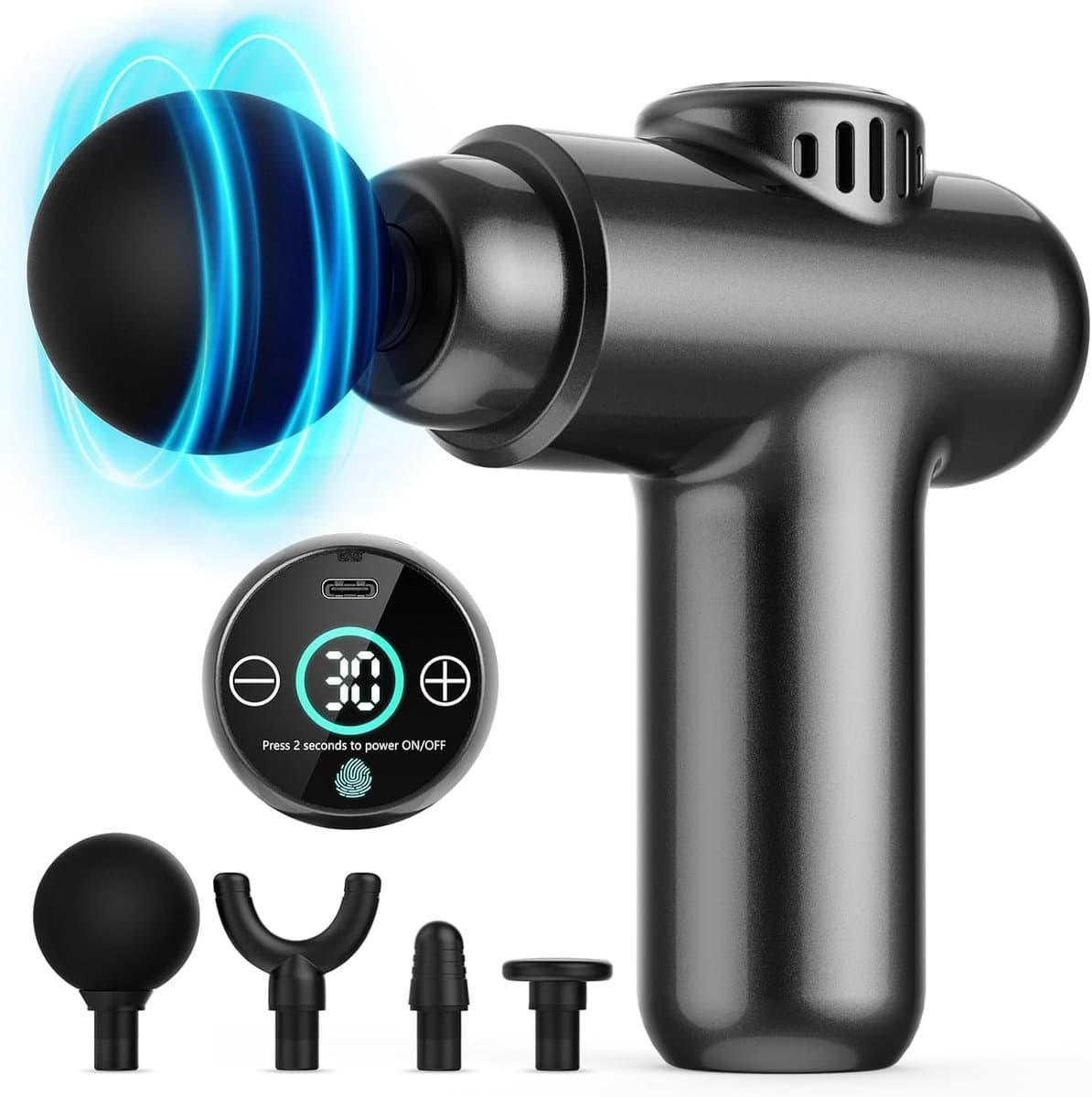 Mini Massage Gun - Spierontspanning Apparaat - Herstel Na Sport - 30 Snelheden LCD - 12.3 x 14.9 cm - Zwart — afbeelding 1
