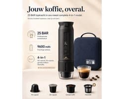 NomadBrew Ultra Draagbare Koffiemachine – 4-in-1 Zelfverwarmende Espressomachine 25 Bar – Auto, Camping & Camper – NS/DG-Capsules, Gemalen Koffie & Filterkoffie – Afneembare Afsluitbare Beker – 9600mAh – Warme Koffie Zonder Waterkoker – Zwart