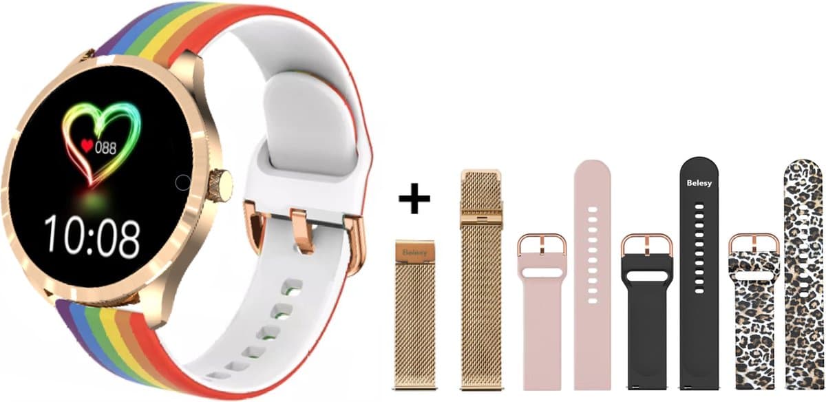 Belesy® BQSiRgRb PLUS - Smartwatch Dames – Smartwatch Heren - Horloge - 1.28 inch - Kleurenscherm - Stappenteller - Bloeddruk - Hartslag - 75+ Wijzerplaten – Sporten – Rose Goud - Milanees staal - Siliconen – Regenboog – Roze – Zwart - Panterprint — afbeelding 1