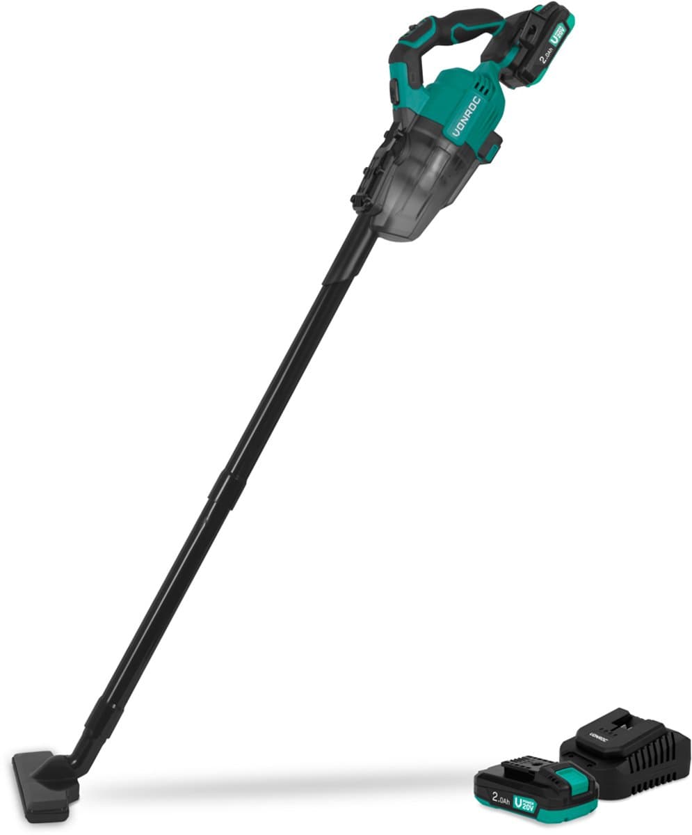 VONROC Krachtige accu steelstofzuiger – VPower 20V – Incl. 2x 2.0Ah Accu en snellader – 0.6L opvangbak - Incl. 3 mondstukken, 2 verlengbuizen en flexibele slang — afbeelding 1