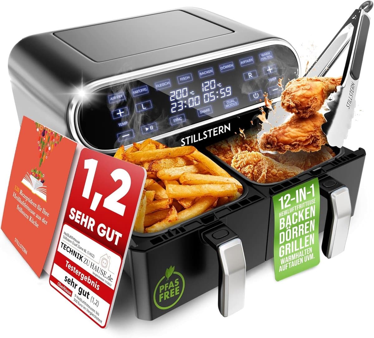 Stillstern Heteluchtfriteuse 2 kamers 8L Dual Zone Airfryer XXL (DE-versie), 2400W, Uitstekend 1,2 (Zeer goed), Friteuse Air Fryer, Receptenboek, Ontdooien & Warmhouden Heteluchtfriteuse Dubbele kamer, Air Fryers — afbeelding 1