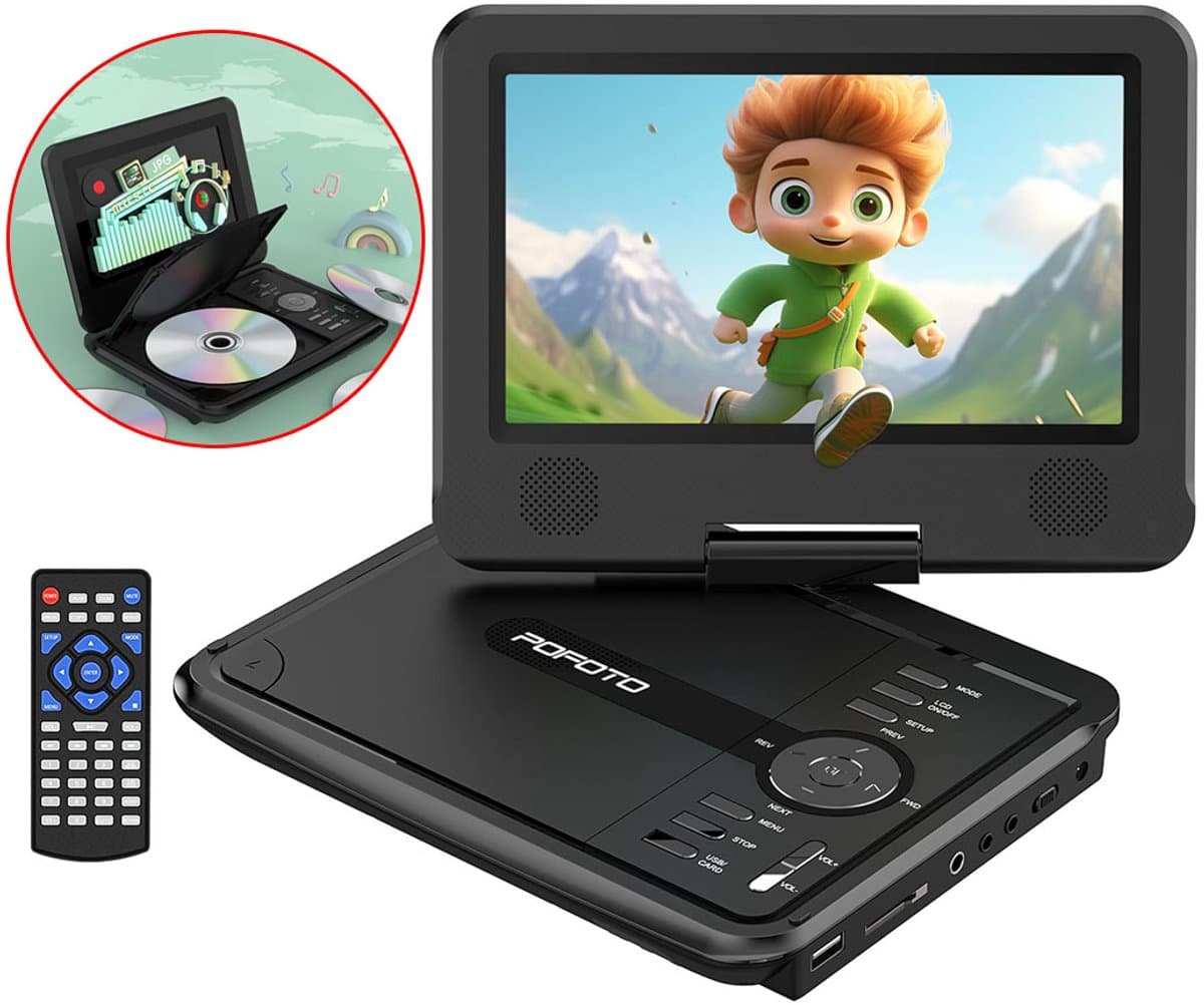 Draagbare DVD Speler Auto - 9,5" Draaibaar HD-Scherm - Draagbare DVD Speler - USB - 7.5 Inch Draaibaar HD Scherm - 4-6 Uur Speeltijd - Voor SD-kaart/USB/Sync TV - Zwart — afbeelding 1