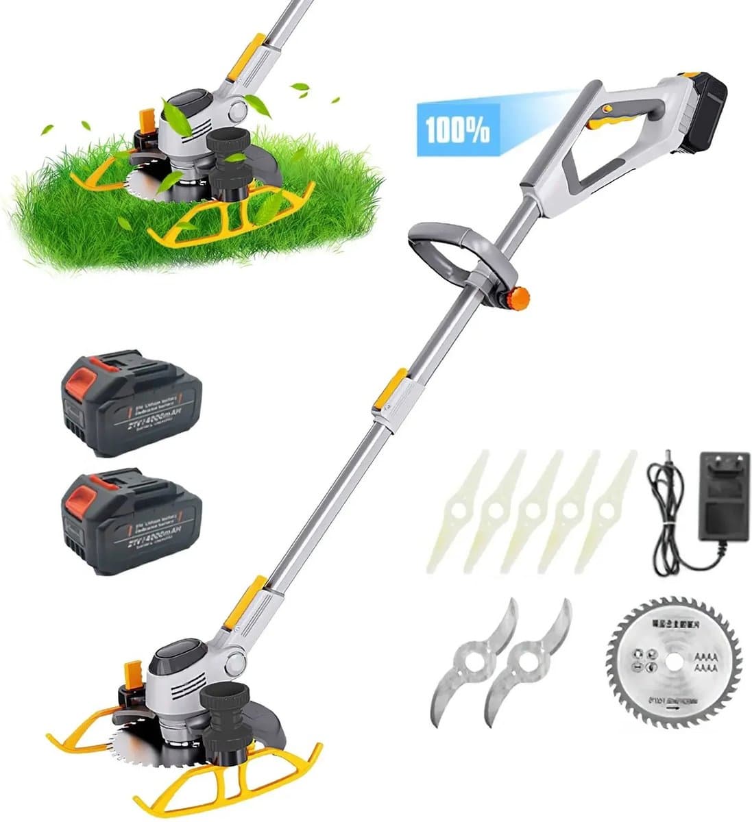 Accugrasmaaier - 2 x accu - Elektrische - Professionele - Grasmaaier - Verstelbare Snijder - Draadloze - Grasmaaier - Tuin - 100-135cm - Zaagblad - Maaiblad - Grastrimmer — afbeelding 1