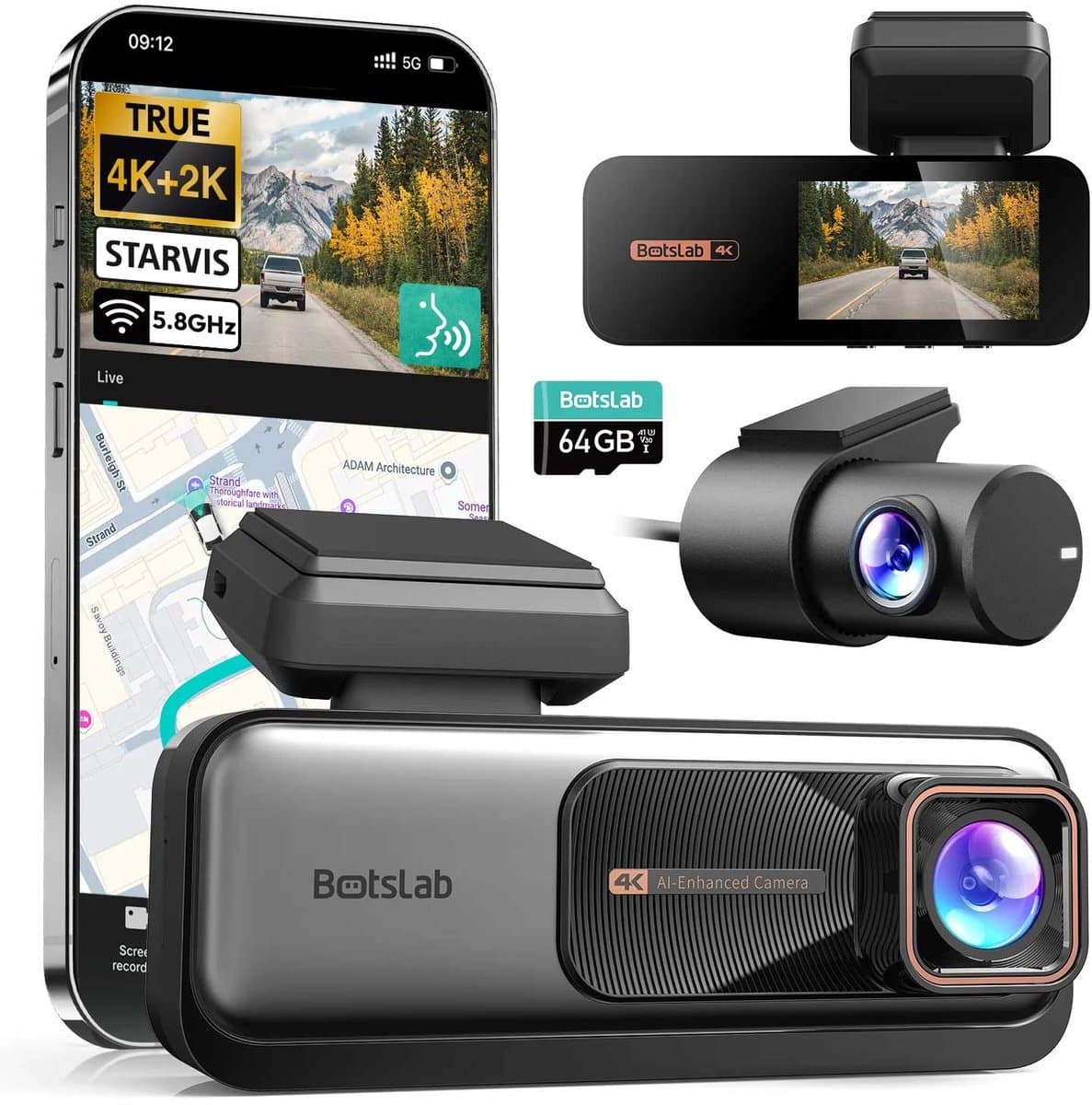 Botslab G980H Pro 2CH 4K Wifi Gps 2CH 64gb dashcam - 4K camera voor + 2K achter - 2,45 inch LCD - Wifi en Gps - Parkeermodus - 64gb Micro SD kaart - dashcam voor auto — afbeelding 1