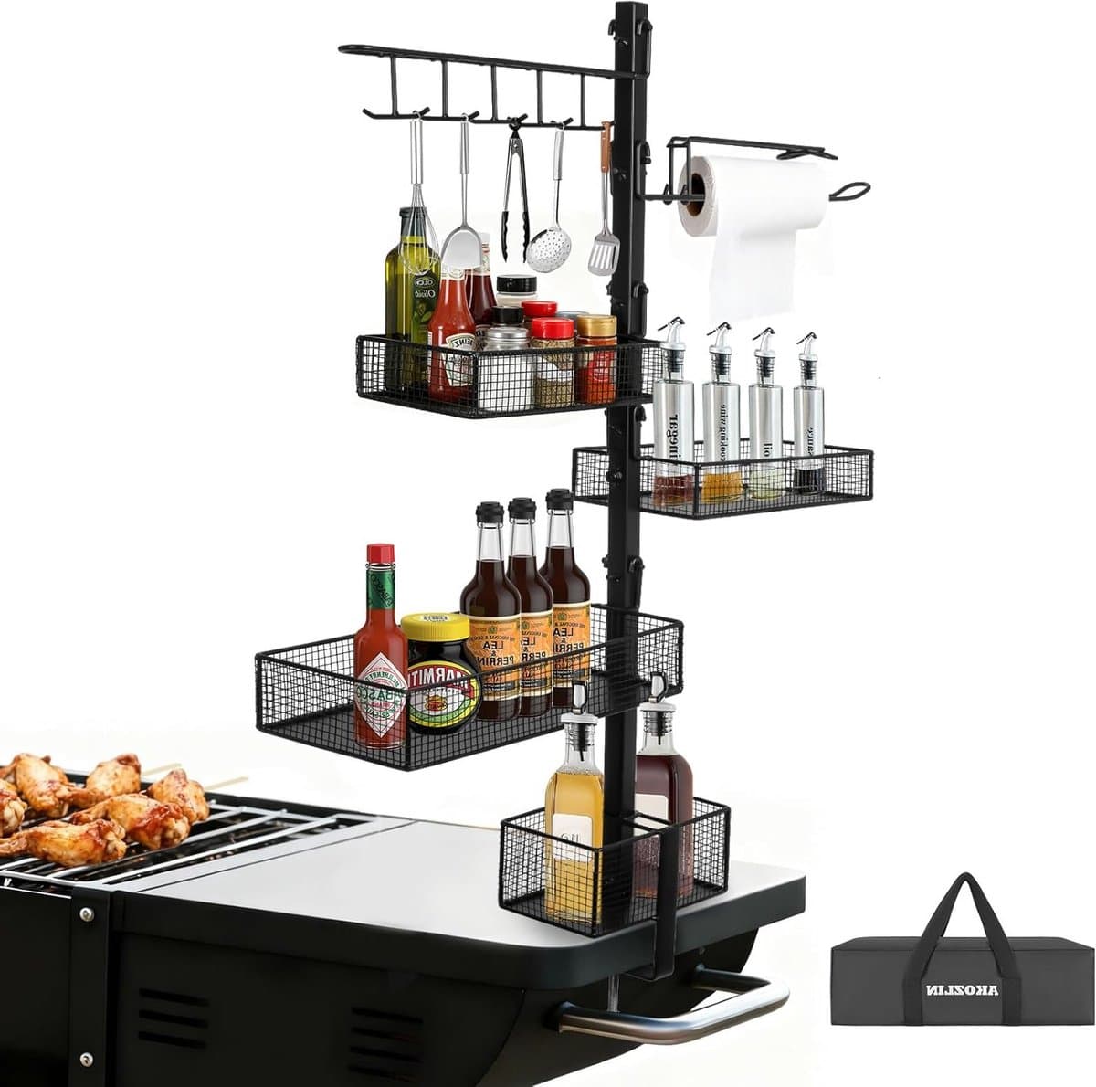 Grillaccessoires Organizer met Papieren Handdoekhouder en Gereedschapshouder voor Barbecue en Kampeergrill, Ideaal voor Buiten koken en BBQ Accessoires — afbeelding 1