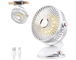 4000mAh Draagbare Clipventilator met LED - Batterij USB Tafelventilator - 4 Snelheden Stil Oplaadbaar - 360° Draaibaar voor Thuis, Kantoor, Kinderwagen, Kamperen - Wit - 1 Stuk