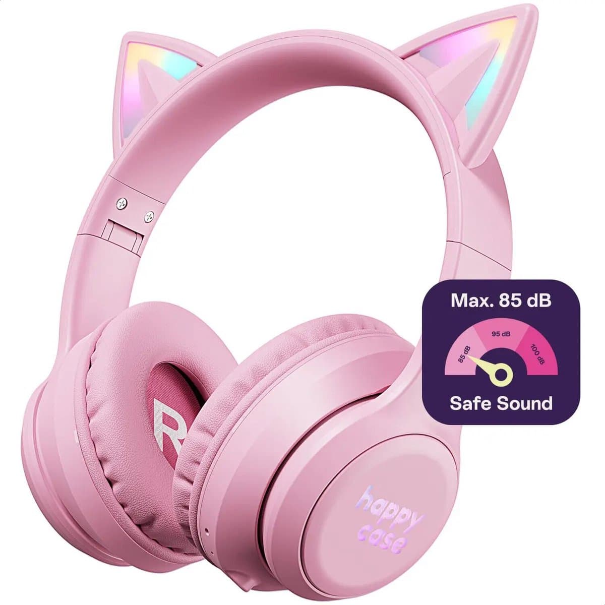 HappyCase Kinder Koptelefoon met Kattenoortjes - veilige volumebregrenzer - Bluetooth Koptelefoon Voor Kinderen - Ledverlichting - Over-Ear Hoofdtelefoon - Geluiddempend - Roze — afbeelding 1