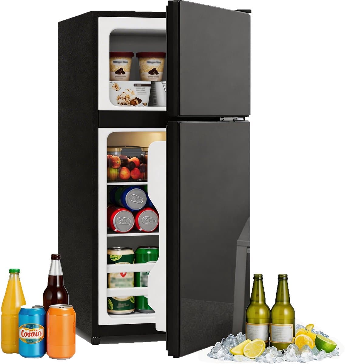 Mini koelkast met vriesvak - Tafelmodel koelkast-Vrijstaande koelkast - Glazen deur - Stille werking - 60L -Energielabel E-Kantoor en woonkamer - 42,5x44,5x87,5cm - Zwart — afbeelding 1