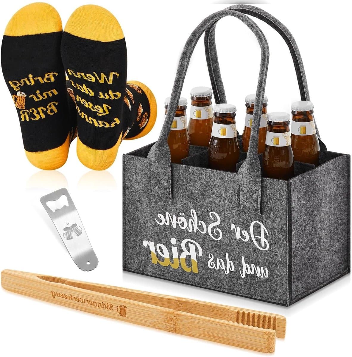 4-delige Bier Cadeauset voor Mannen met Flessen Tas, Grilltangen, Flessenopener en Grappige Sokken - Perfect voor Feestjes en Barbecues — afbeelding 1