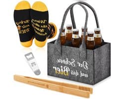 4-delige Bier Cadeauset voor Mannen met Flessen Tas, Grilltangen, Flessenopener en Grappige Sokken - Perfect voor Feestjes en Barbecues