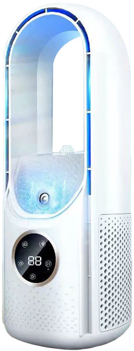 Luchtkoeler - Bladeloos -Mini desktop luchtkoeler - Luchtkoeler- Koelunit -USB oplaadbaar -Draagbaar - 6 ventilatorsnelheden- Bevochtiging en luchtzuivering - Timerfunctie - Sfeerverlichting - Geschikt voor gebruik op het bureau en buitenshuis -Wit — afbeelding 1