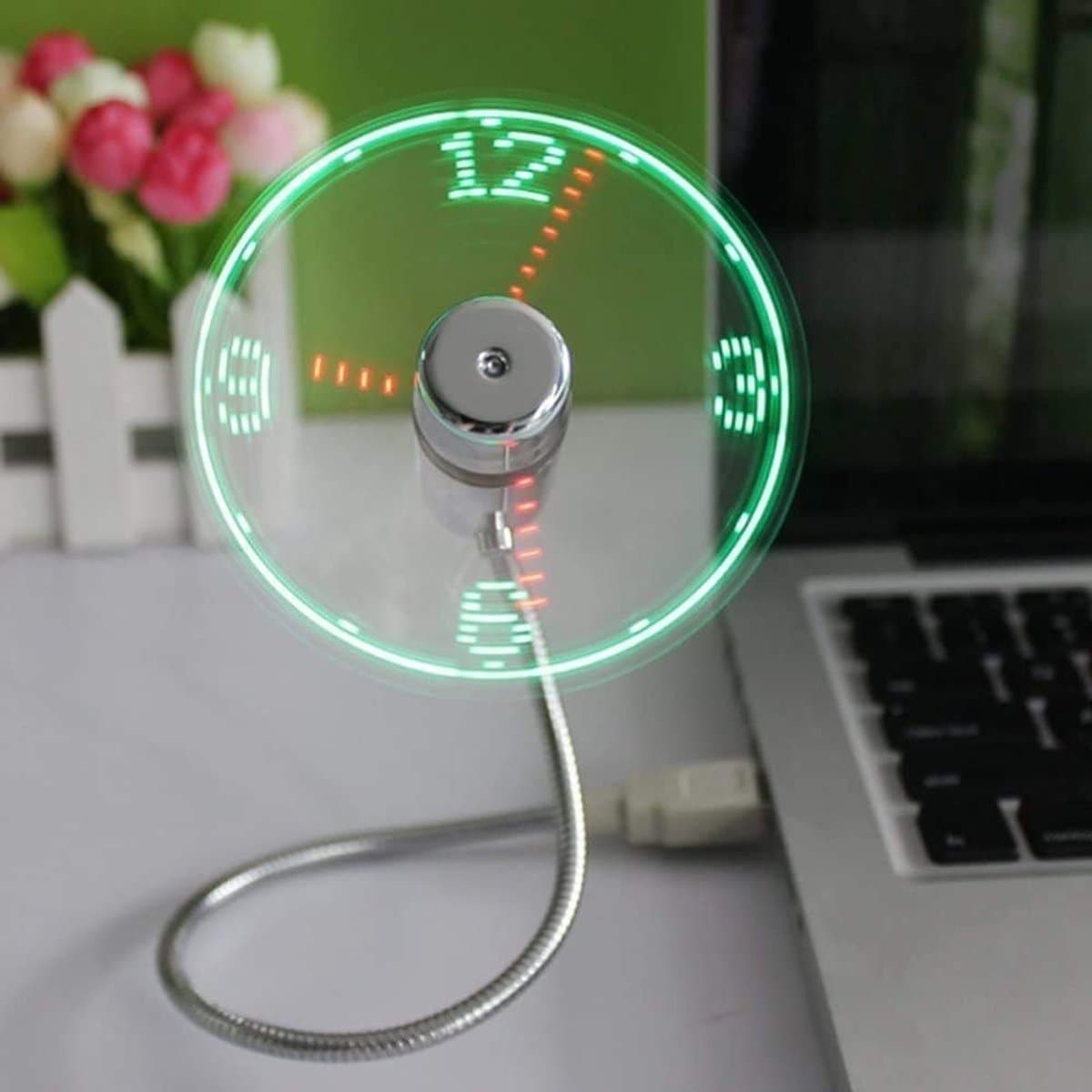 longziming -USB Ventilator - USB Bureaurentilator - Mini Tafelventilator - Geïntegreerde LED Klok - 360° Flexibele Hals - Siliconen Bladen En Metaal - Geruisloos Veilig Design - Ideaal Voor Kantoor En Slaapkamer - 1 Stuk — afbeelding 1