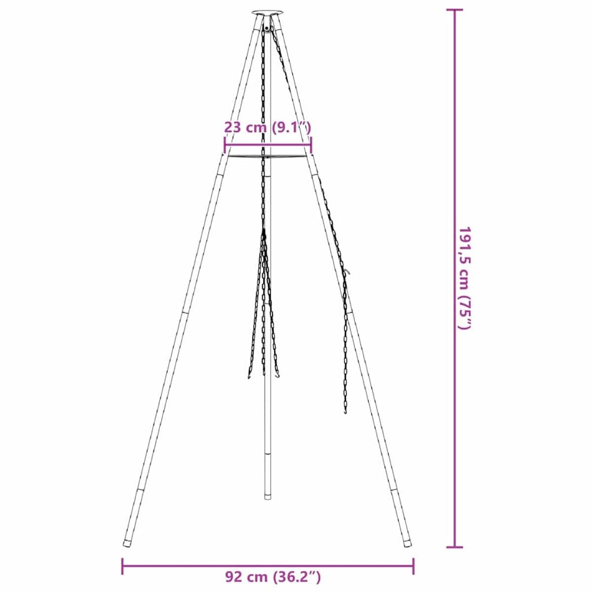 vidaXL - Kampvuur - tripod - Zwart - 92 - x - 92 - x - 191,5 - cm - Staal — afbeelding 1