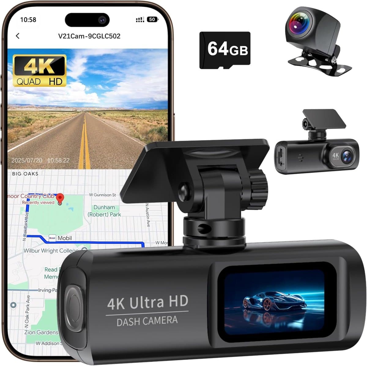 Dashcam met dubbele opnamefunctie voor en achter, 4K+1080P, ingebouwde wifi en gps, geschikt voor in de auto, bediening via een app, dubbele camera met nachtzicht, zwaartekrachtsensor, inclusief een geheugenkaart van 64 GB. — afbeelding 1