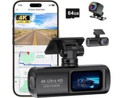 Dashcam met dubbele opnamefunctie voor en achter, 4K+1080P, ingebouwde wifi en gps, geschikt voor in de auto, bediening via een app, dubbele camera met nachtzicht, zwaartekrachtsensor, inclusief een geheugenkaart van 64 GB.