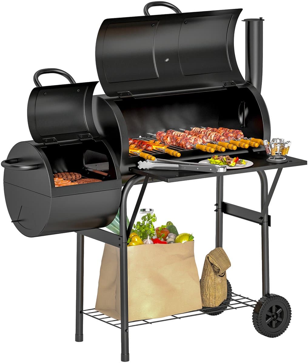 Killogood Houtskoolbarbecue van staal BBQ-smoker met deksel thermometer wielen luchttoevoer kolenbak — afbeelding 1