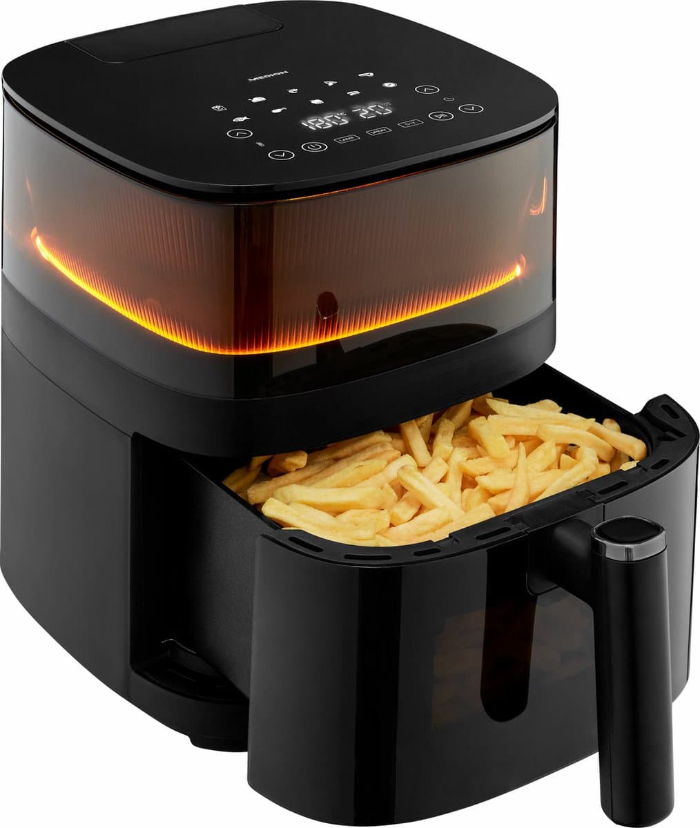MEDION X10 XL hetelucht friteuse (5 liter XXL frituurmand, stoom voor knapperig voedsel, 1.500 watt, kijkvenster, schudalarm, digitaal bedieningspaneel, 10 automatische programma's, tot 230 °C) — afbeelding 1
