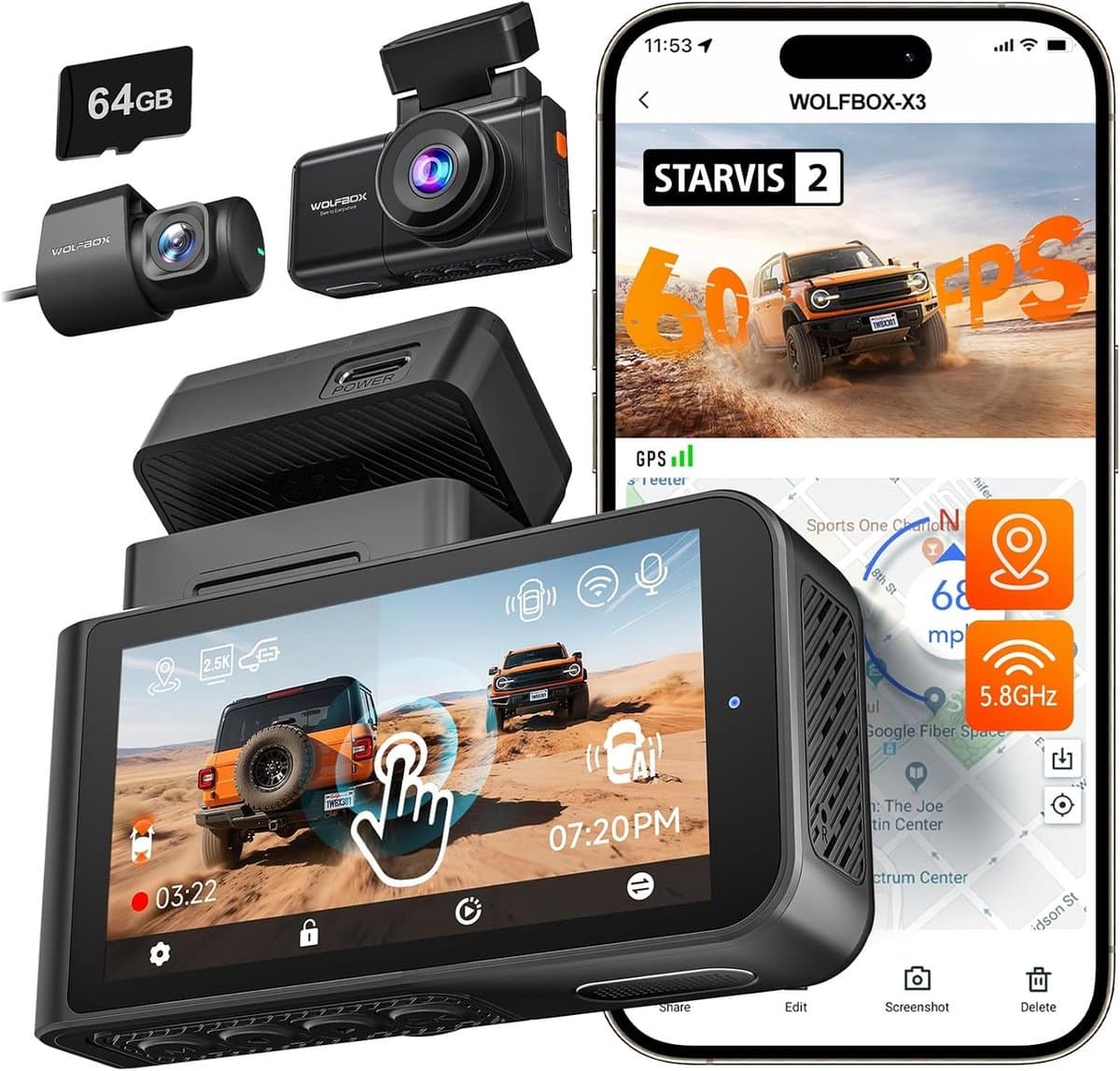 Dashcam voor auto - Zwart - 2.5K 60FPS + 1080P Dual Camera - Met ADAS, Wifi en GPS - Voor Voor- en Achterkant — afbeelding 1