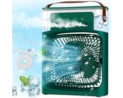 Draagbare airconditioner, mini-airconditioner, ventilator, 3 ventilatorsnelheden, timer, 7 ledlampjes, vernevelingsfunctie (groen).