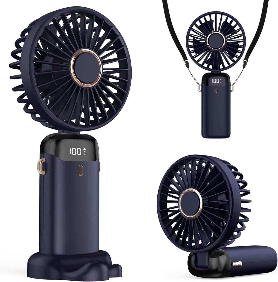 Draagbare USB-ventilator met led-display (3-in-1: hand-, nek- en tafelventilator), opvouwbaar en 90° verstelbaar – ideaal voor zomer, kantoor, slaapkamer en op reis; cadeau voor volwassenen en kinderen (donkerblauw) — afbeelding 1