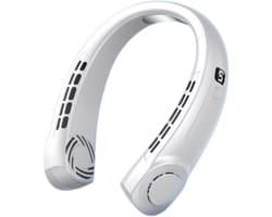 Nekventilator met LED-display, voorzien van ijskeramische technologie, wit. 360° luchtstroom rondom | 5 ventilatorsnelheden | 4000mAh oplaadbare USB-batterij | Stil en ergonomisch ontwerp | Geschikt voor gebruik buitenshuis.