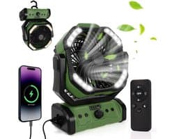 20000 mAh USB-campingventilator met LED-verlichting, draagbare oplaadbare bureau-/tentventilator met afstandsbediening en haak, 270° draaibare kop voor vissen en als windscherm.