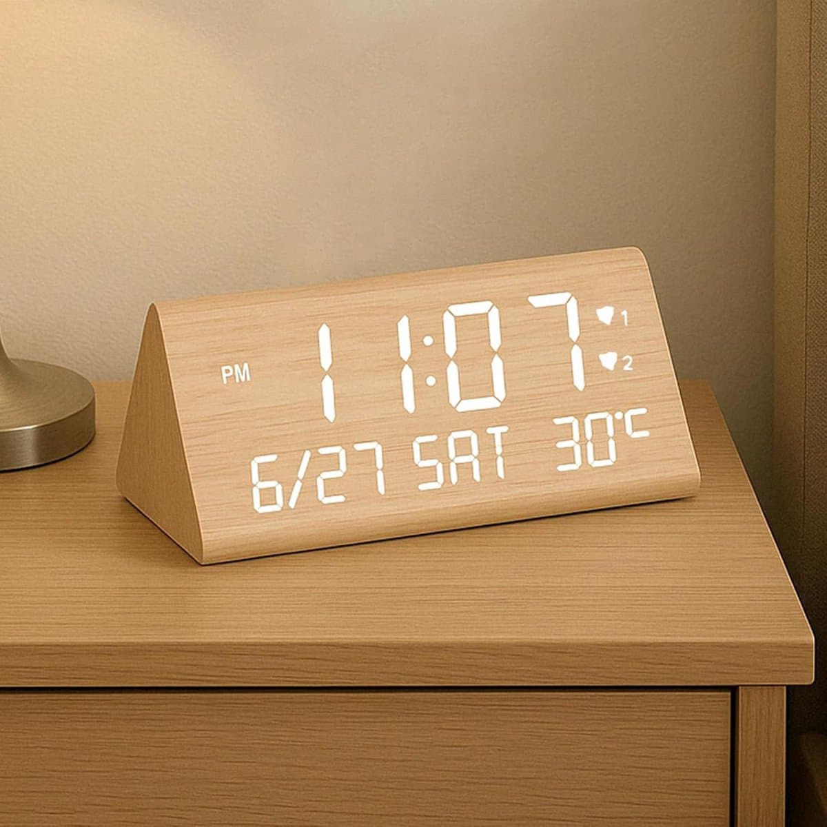 SnelShoppen - Digitale Houten Alarm Klok met 2 Alarmen, Datum, Weekdag, Temperatuur, Verstelbare Helderheid en Volume, USB Oplaadpoorten voor Thuis en — afbeelding 1