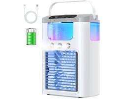 Mini-airco / draagbare koelventilator (1200 mAh accu), 600 ml watertank, compact ontwerp met nachtlampje (7 kleuren), 3 vernevelingsstanden, oplaadbaar