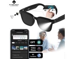 Fitbuddy AI Smart Glasses – Slimme Bluetooth Zonnebril met AI Beeldherkenning, Vertaalfunctie, Speakers & Microfoon – Touchbediening – iOS/Android – Zwart