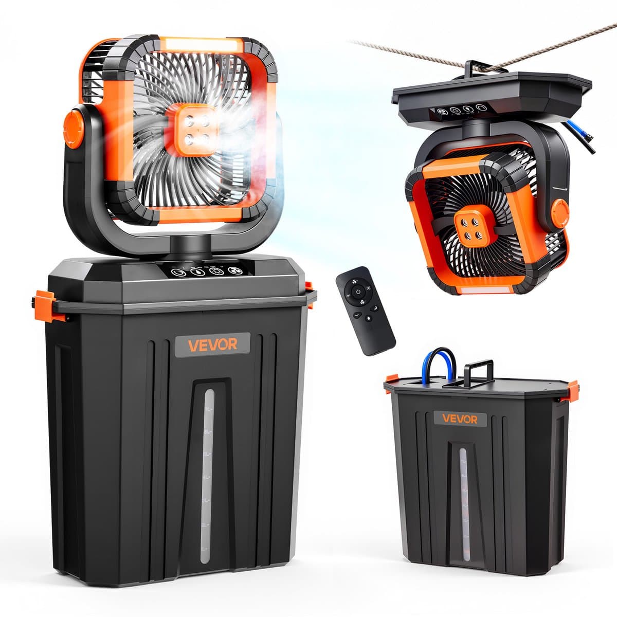 VEVOR Draadloze Campingventilator, 2400 Rpm Motor, Buitenventilator met Mistfunctie en 12l Watertank, 20000mah Batterij, 4 Snelheden & 3 Lichtstanden, Watergekoelde Mistventilator voor Kamperen, Vissen, Reizen — afbeelding 1