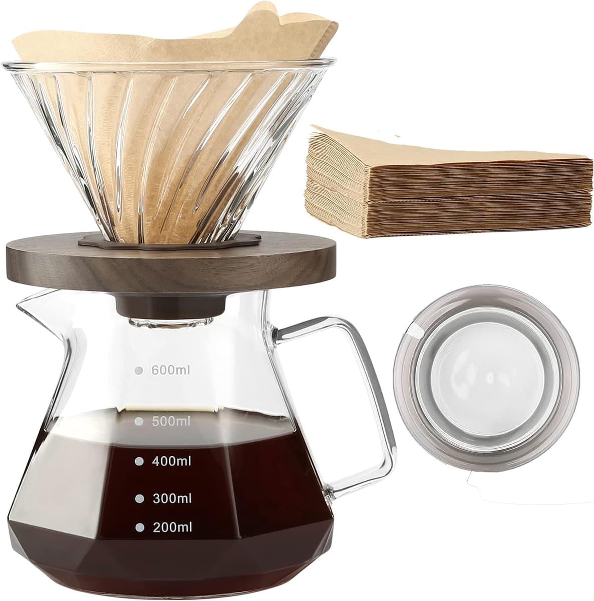 Pour Over Koffiezetapparaat - Borosilicaatglas - 600 ml Capaciteit - Inclusief 100 V02-papierfilters - Voor Thuis en Camping — afbeelding 1