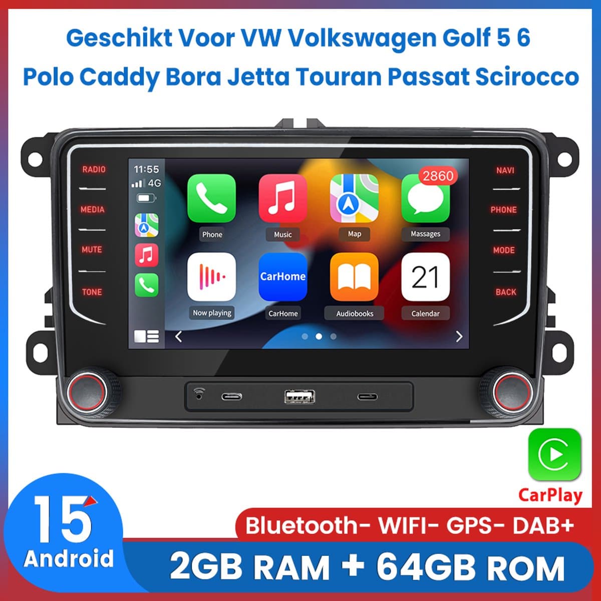 Awesafe Android 15.0 Autoradio - Geschikt Voor VW Volkswagen Golf 5 6 Polo Caddy Bora Jetta Touran Passat Scirocco - Draadloos Apple Carplay Android Auto - Ram 2GB + Rom 64GB - 7 inch HD Touchscreen - GPS Navigatie Bluetooth Wifi USB Type/C — afbeelding 1
