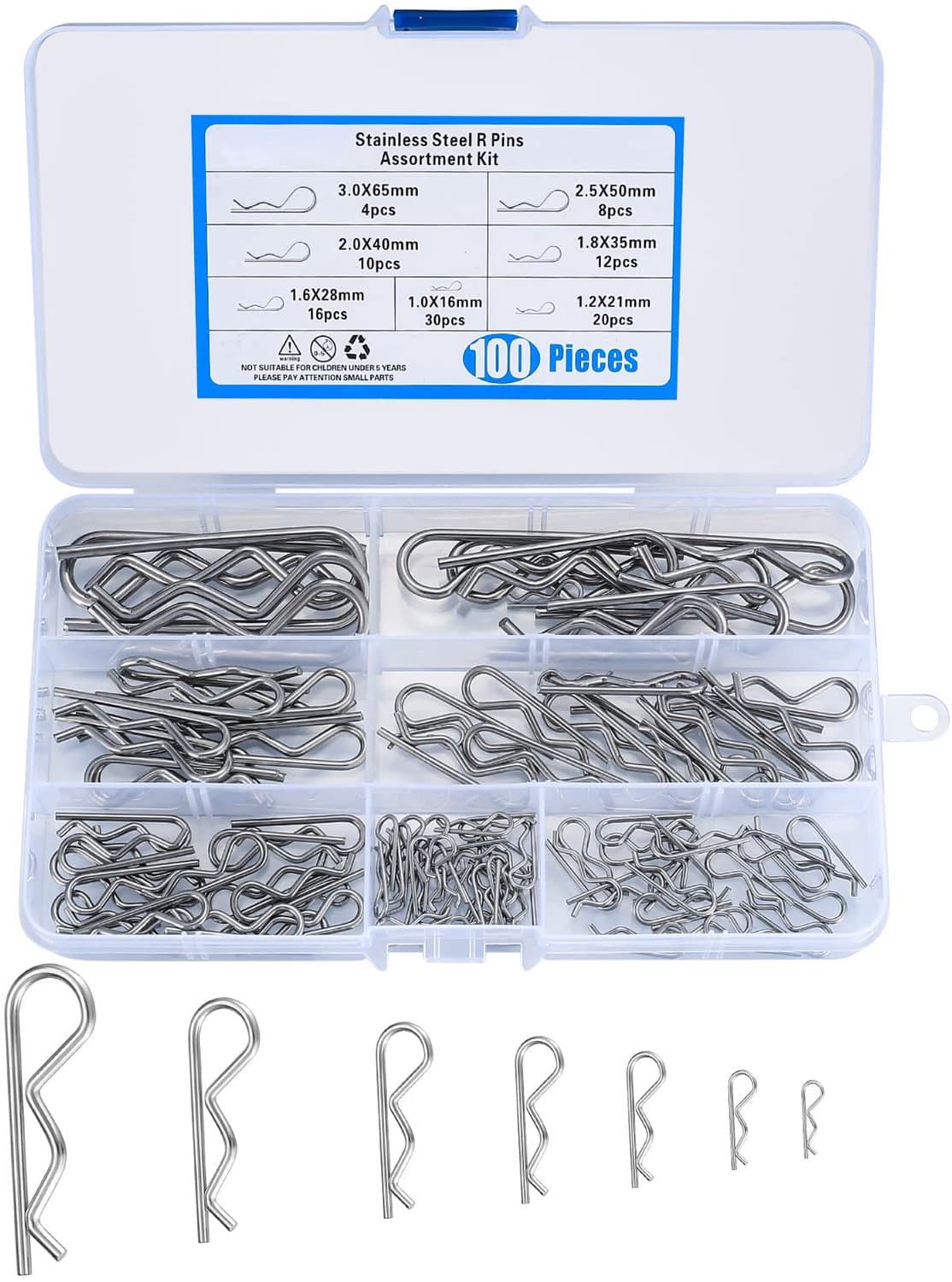 100-delige stalen splitpennen set, Roestvrij stalen RC Clips, Borghulzen, Veerclip Set, Carrosserieclips, Veiligheidsclips, Bevestigingsclips geschikt voor tractoren, grasmaaier en auto's — afbeelding 1