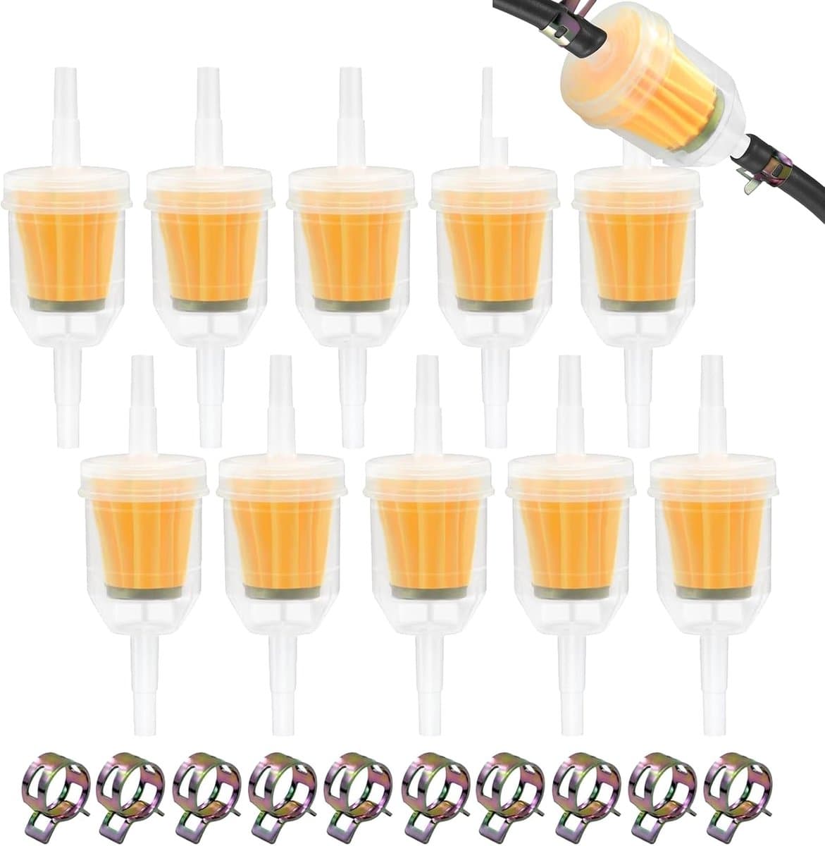 Brandstoffilter set 8 mm/6 mm - inclusief 10 slangklemmen - hoge filtratie - geschikt voor auto, motor, grasmaaier - ShopVlot — afbeelding 1