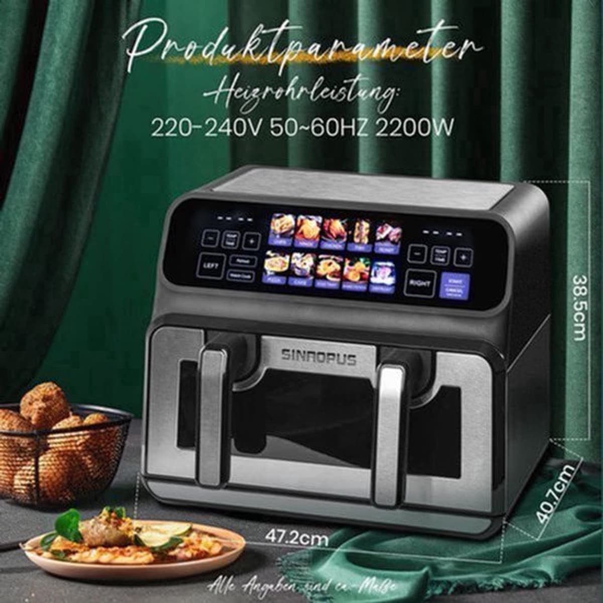 Heteluchtfriteuse Dubbele Mand - 2200 W Vermogen - 9 L Inhoud - LED Touch Display - Olievrij - Familie Oven — afbeelding 1
