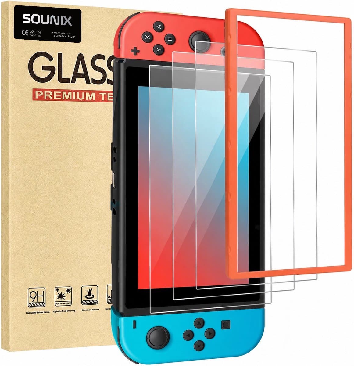 Sounix Screenprotector voor Nintendo Switch 1 - 3 Stuks Gehard Glas - Tempered Glass met Montageframe - Krasbestendige Schermbeschermer — afbeelding 1